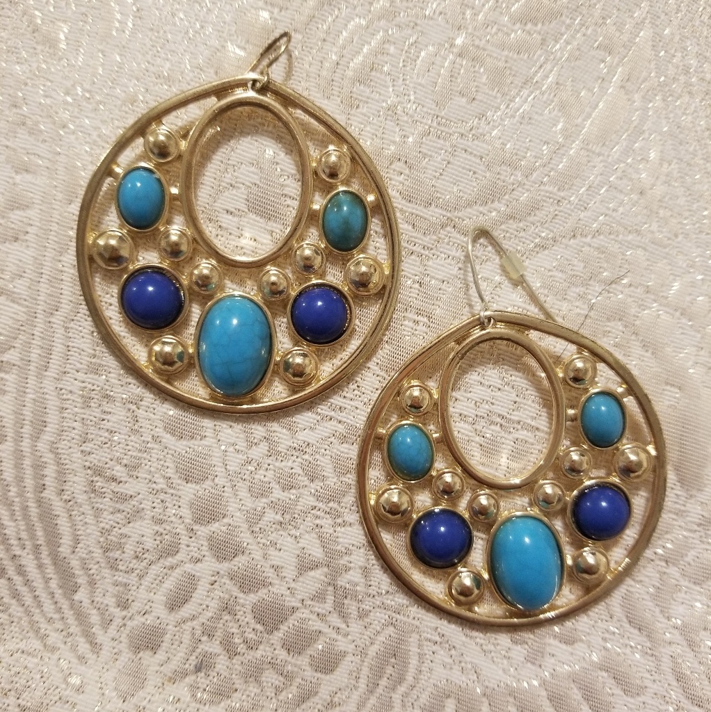 Gold Circle Earrings With Blue Gems